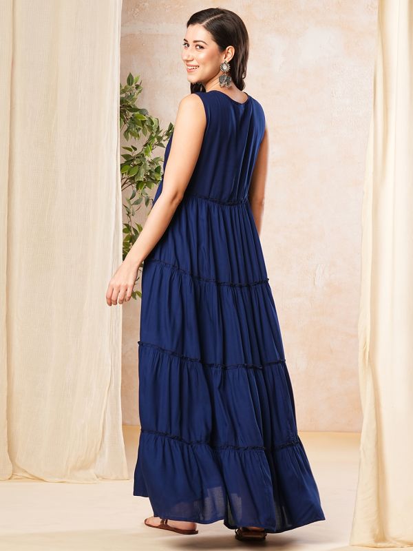 Globus Women Navy Embroidered Yoke Gathered Tiered Fit & Flare Maxi Dress