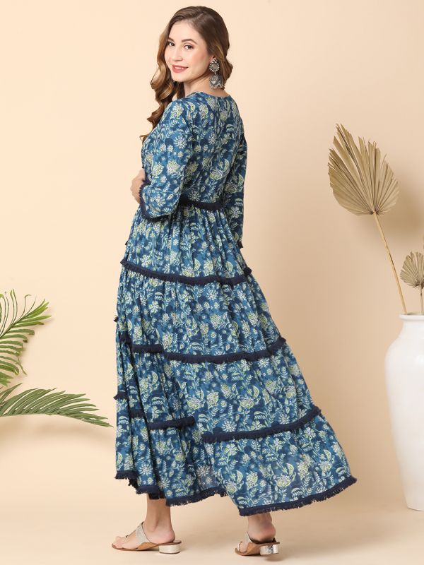 Globus Women Blue Floral Embroidered Yoke Tiered Lace Insert Maxi Dress