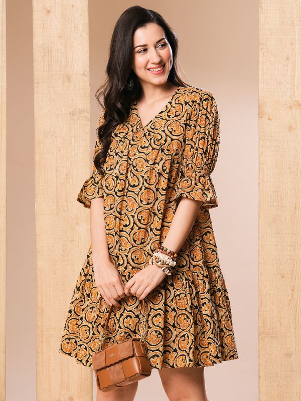 Globus Women Mustard Paisley Printed V-Neck Puff Sleeves Flared Hem Alia Cut A-Line Dress