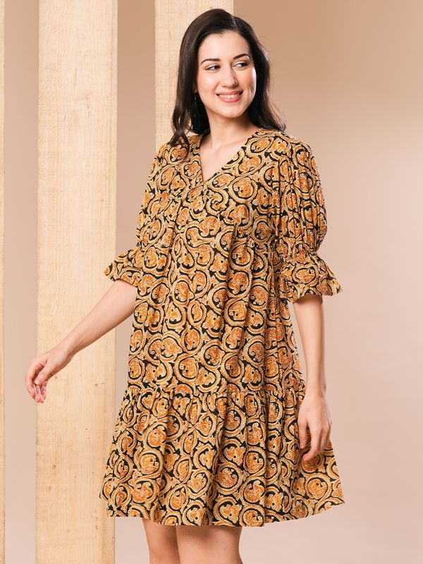 Globus Women Mustard Paisley Printed V-Neck Puff Sleeves Flared Hem Alia Cut A-Line Dress