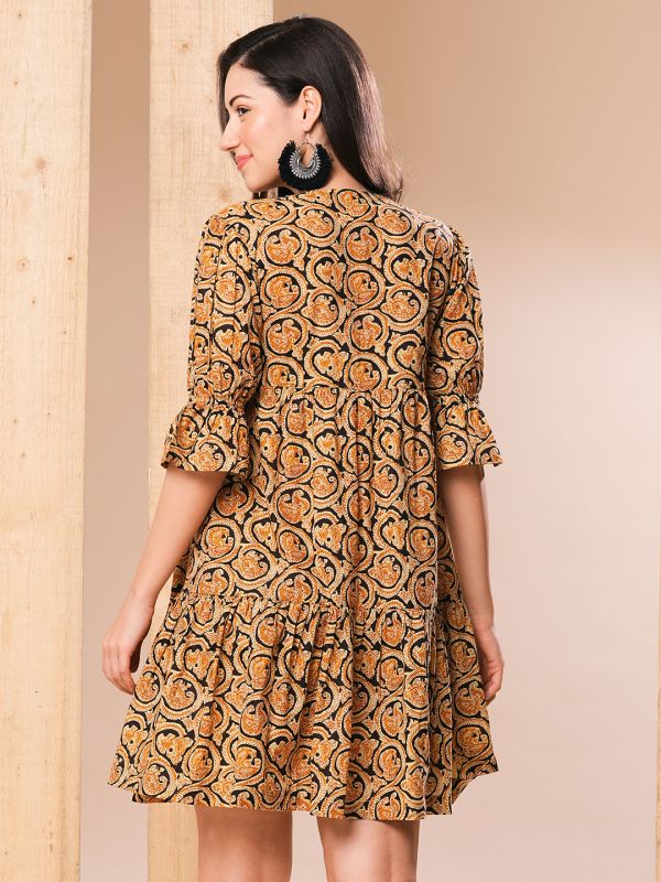 Globus Women Mustard Paisley Printed V-Neck Puff Sleeves Flared Hem Alia Cut A-Line Dress