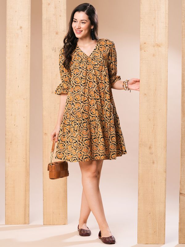 Globus Women Mustard Paisley Printed V-Neck Puff Sleeves Flared Hem Alia Cut A-Line Dress