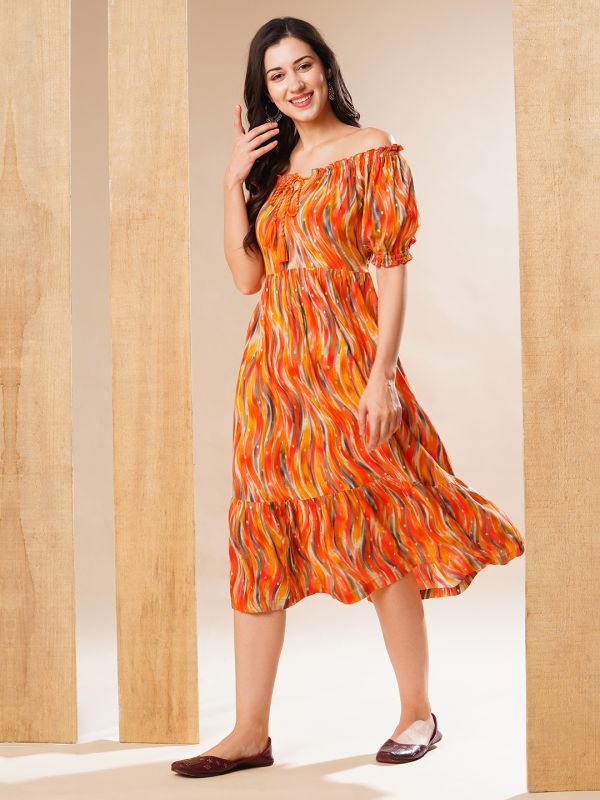 Globus Women Orange Off-Shoulder Puff Sleeves Abstract Printed Gathered Fit & Flare Fusion Midi Dress