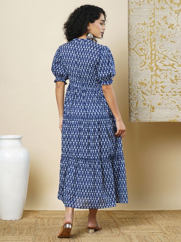 Globus Women Indigo Ethnic Motif Printed Puff Sleeves Mandarin Collar Tiered Waist Tie-Up Fit & Flare Fusion Maxi Dress