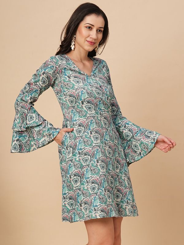 Globus Women Blue Overlapped-V Neck Allover Printed Paisley Floral A-Line Dress