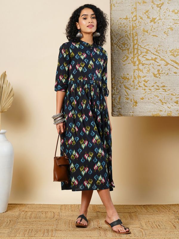 Globus Women Black All Over Printed Mandarin Collar Button Down A-Line Midi Workwear Dress