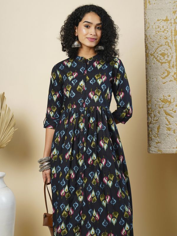 Globus Women Black All Over Printed Mandarin Collar Button Down A-Line Midi Workwear Dress