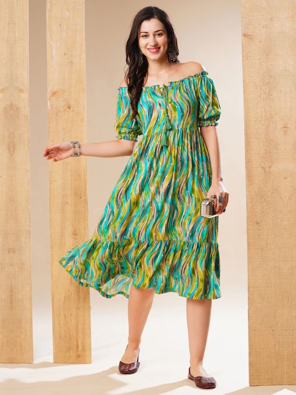 Globus Women Green Off-Shoulder Puff Sleeves Abstract Printed Gathered Fit & Flare Fusion Midi Dress