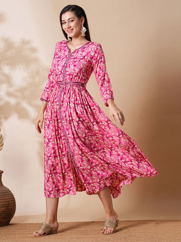 Globus Women Pink Embroidered Neckline Floral Print Front Slit A-Line Fusion Midi Dress With Belt