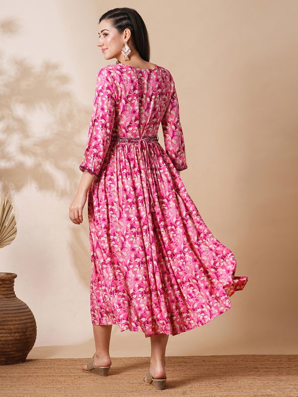 Globus Women Pink Embroidered Neckline Floral Print Front Slit A-Line Fusion Midi Dress With Belt