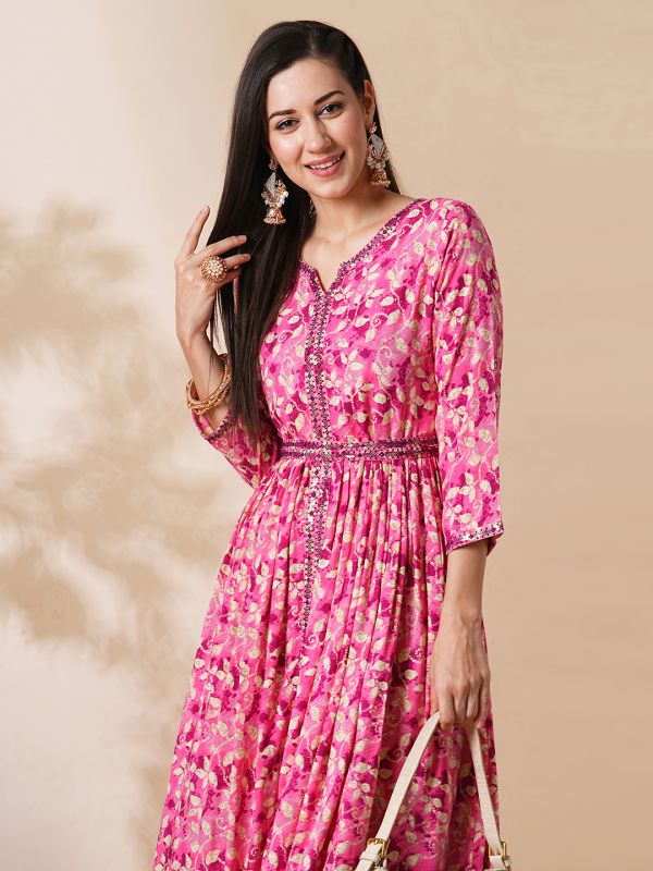 Globus Women Pink Embroidered Neckline Floral Print Front Slit A-Line Fusion Midi Dress With Belt