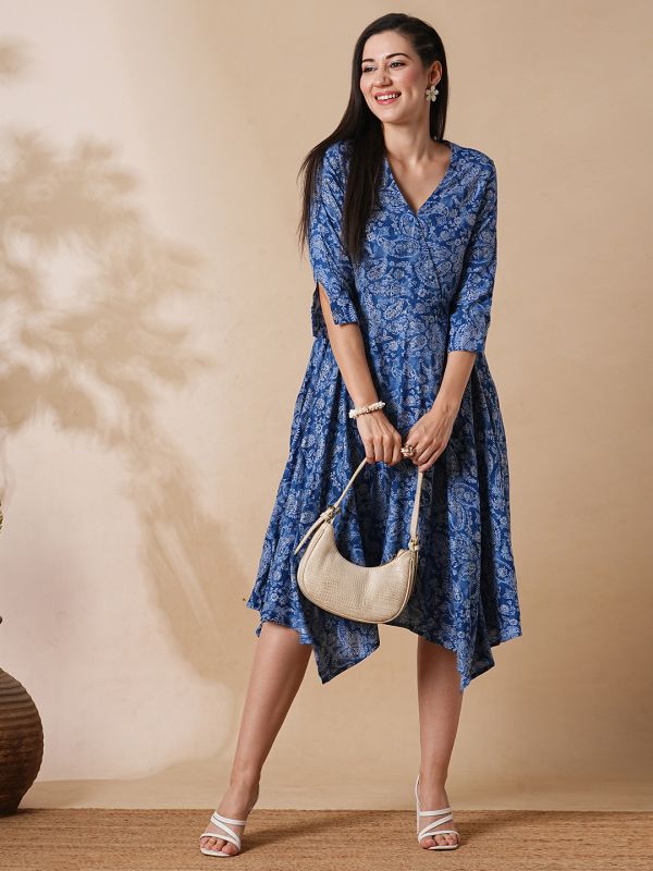 Globus Women Blue Allover Floral Printed Wrap Neck Asymmetric Hem A-Line Fusion Midi Dress