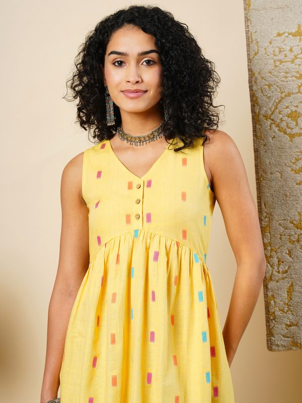 Globus Women Yellow Self Design V-Neck Gathered A-line Midi Dress