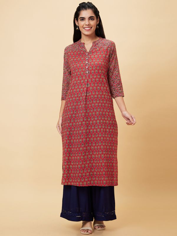 Globus Women Red Printed Mandarin Collar Straight Kurta