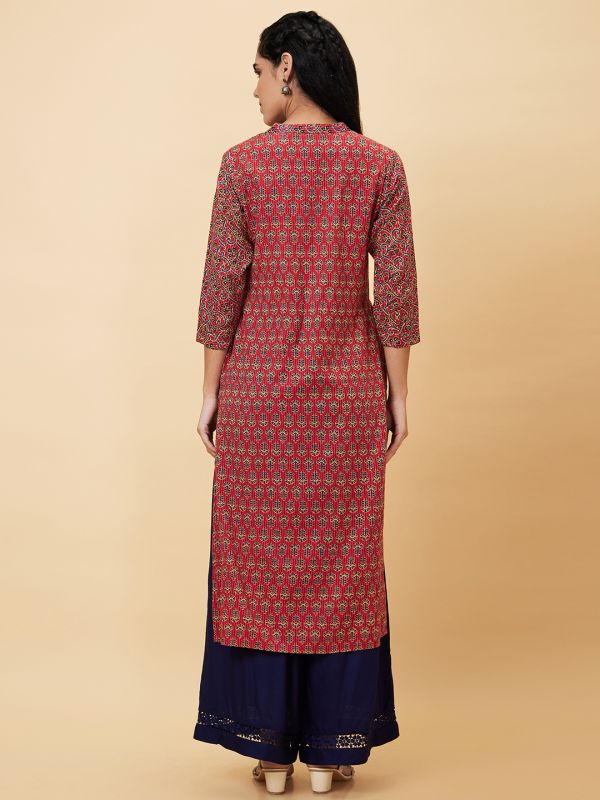 Globus Women Red Printed Mandarin Collar Straight Kurta