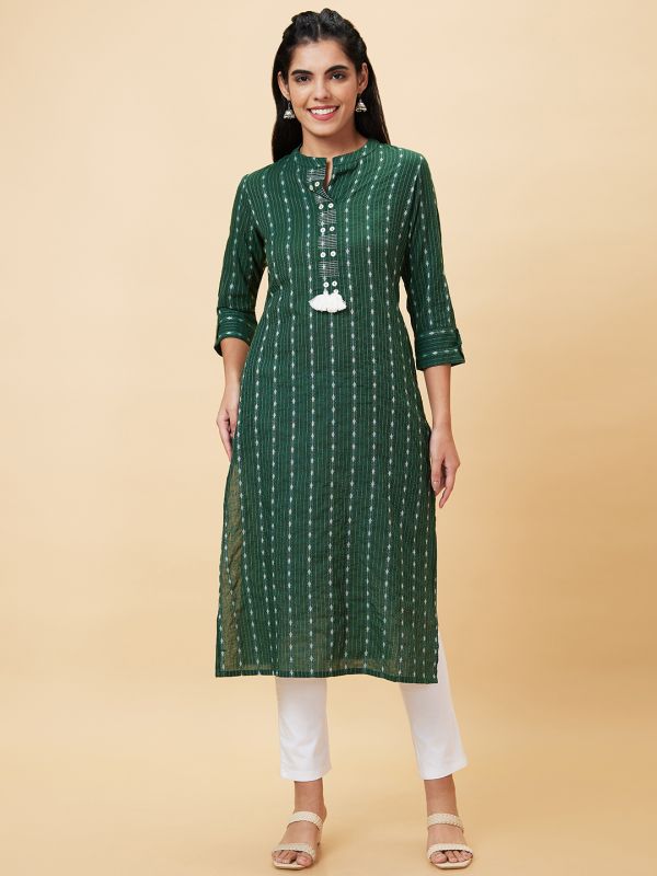 Globus Women Green Woven Design Mandarin Collar Straight Kurta