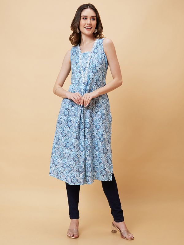 Globus Women Blue Floral Print A-Line Fusion Kurta