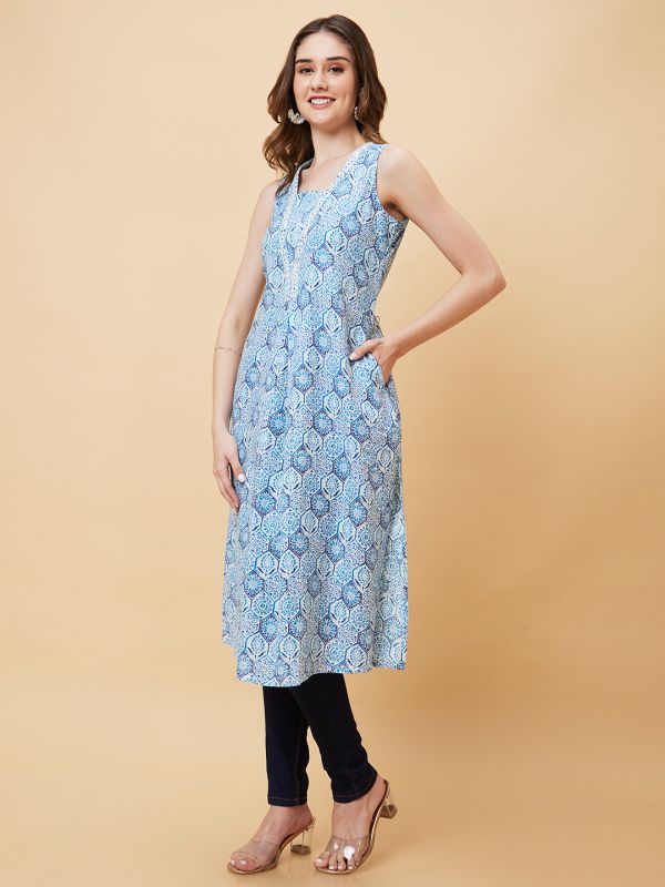 Globus Women Blue Floral Print A-Line Fusion Kurta