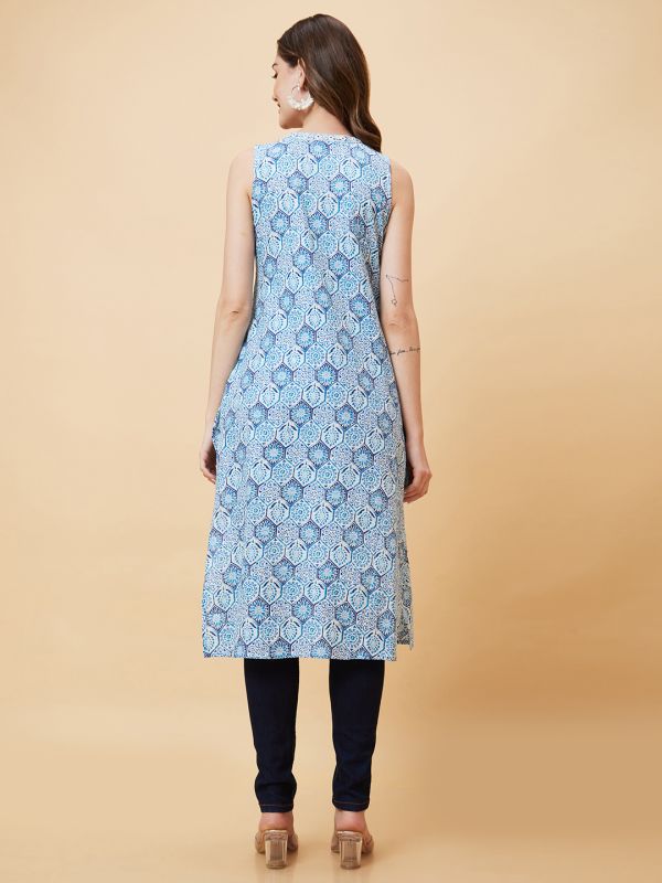 Globus Women Blue Floral Print A-Line Fusion Kurta