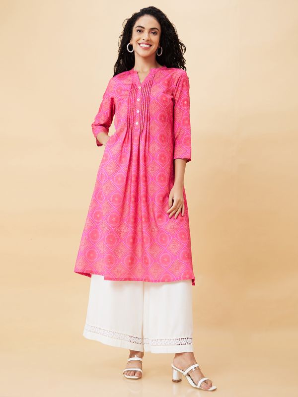 Globus Women Pink Printed Mandarin Collar A-Line Kurta