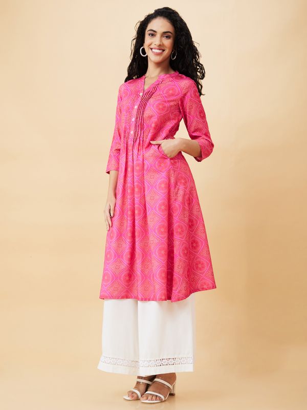 Globus Women Pink Printed Mandarin Collar A-Line Kurta