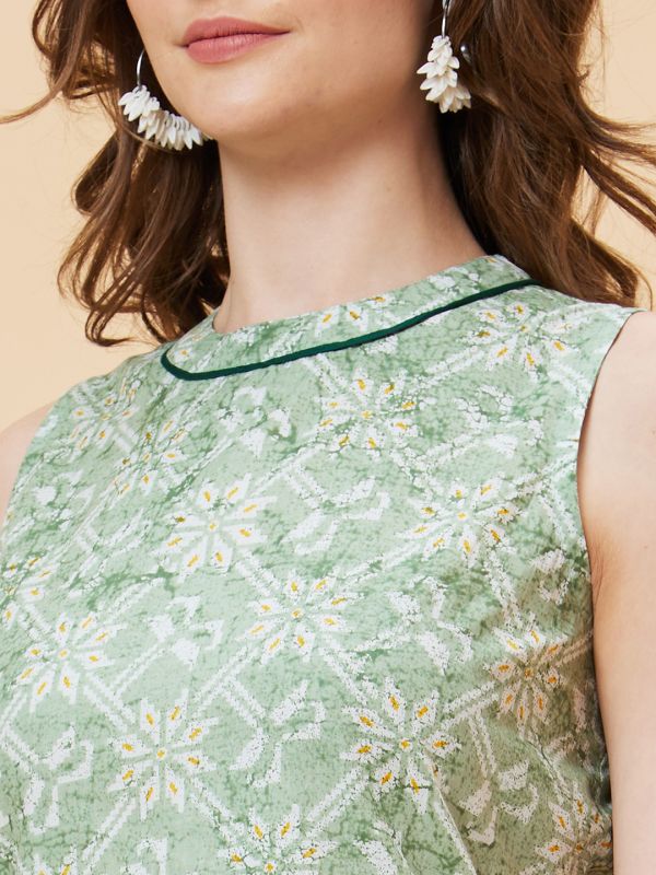 Globus Women Green Ethnic Motifs Print Band Collar Detailing A-Line Fusion Kurta