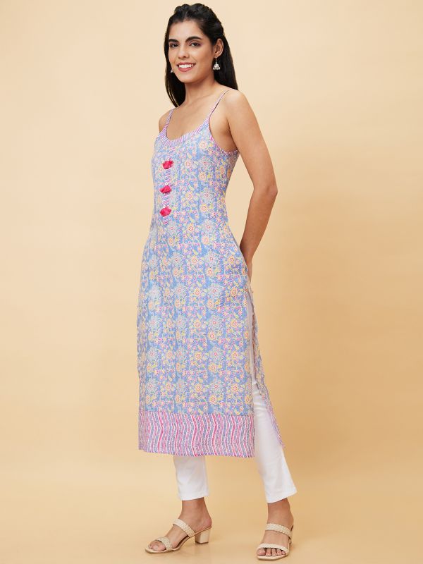 Globus Women Blue Printed Sleeveless Straight Kurta