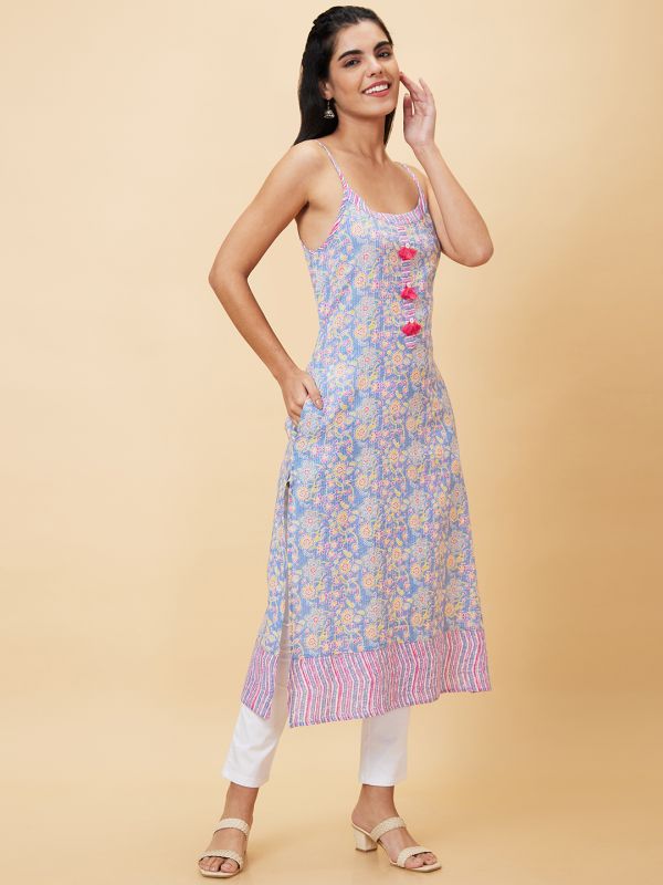 Globus Women Blue Printed Sleeveless Straight Kurta