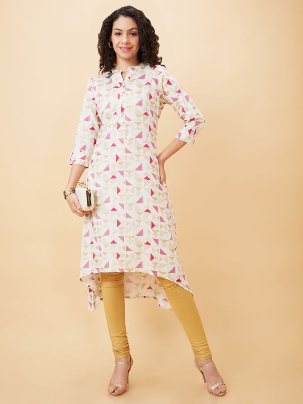 Globus Women Off White Printed Mandarin Collar A-Line Kurta