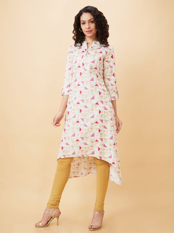 Globus Women Off White Printed Mandarin Collar A-Line Kurta