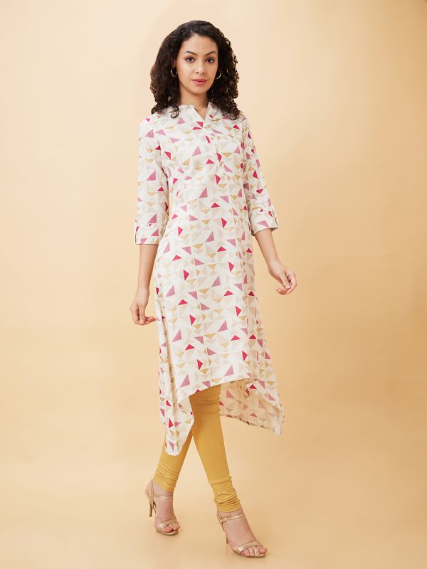 Globus Women Off White Printed Mandarin Collar A-Line Kurta