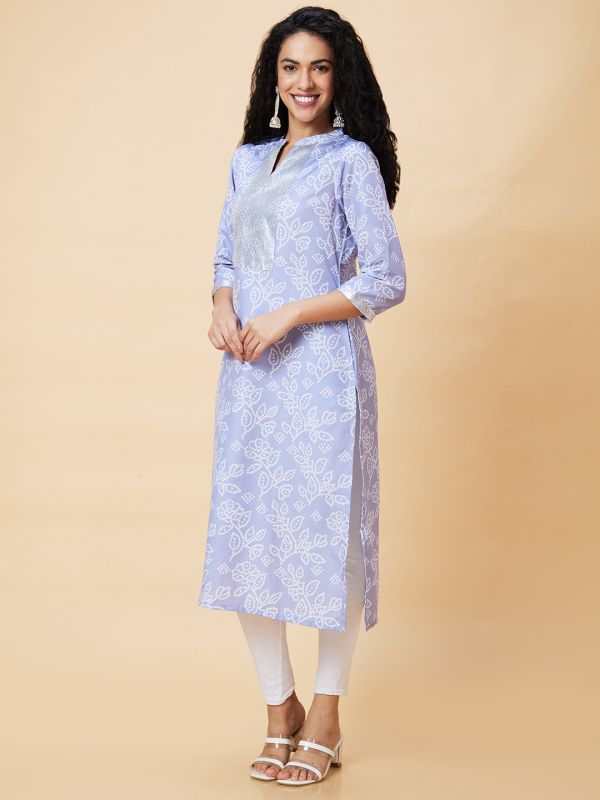 Globus Women Mauve Floral Print Yoke Sequinned Straight Kurta