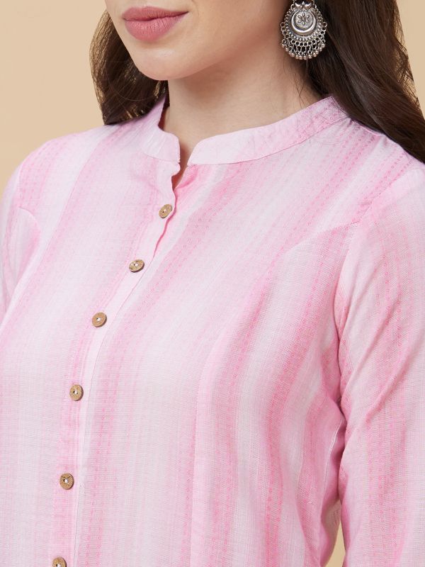 Globus Women Pink Dobby Woven Design Lace Detailing Mandarin Collar A-Line Kurta