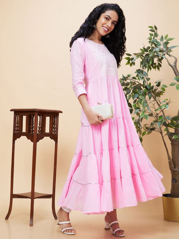 Globus Women Pink Gota Lace Detailing Yoke Embroidered Round Neck Anarkali Tiered Kurta