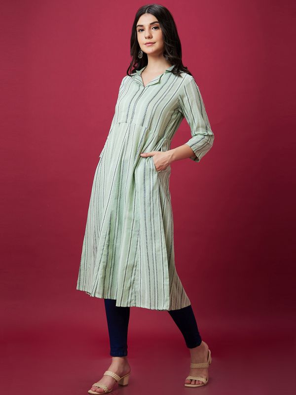 Globus Women Green Casual Striped Lapel Shirt Collar 3/4th Sleeve A-Line Kurta