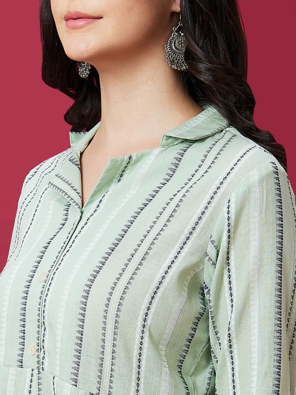 Globus Women Green Casual Striped Lapel Shirt Collar 3/4th Sleeve A-Line Kurta