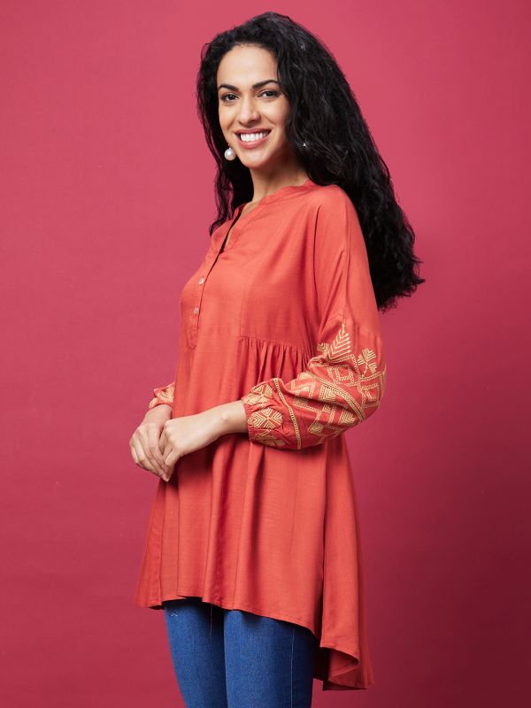 Globus Women Rust Mandarin Collar Embroidered Bishop Sleeves Asymmetric Hem Panelled A-Line Kurta