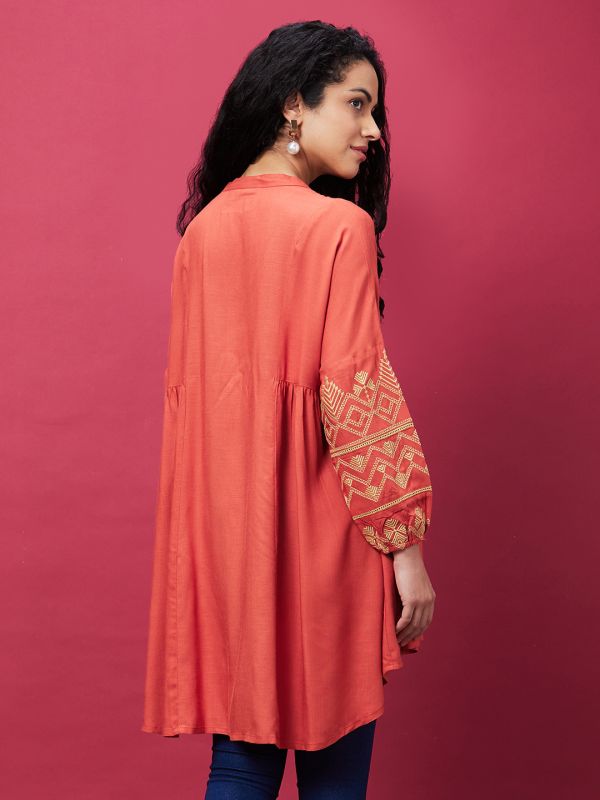 Globus Women Rust Mandarin Collar Embroidered Bishop Sleeves Asymmetric Hem Panelled A-Line Kurta