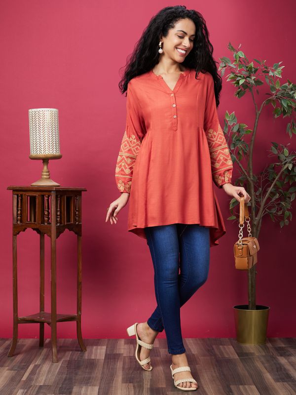 Globus Women Rust Mandarin Collar Embroidered Bishop Sleeves Asymmetric Hem Panelled A-Line Kurta