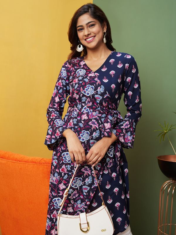 Globus Women Navy Printed V-Neck A-Line Kurta