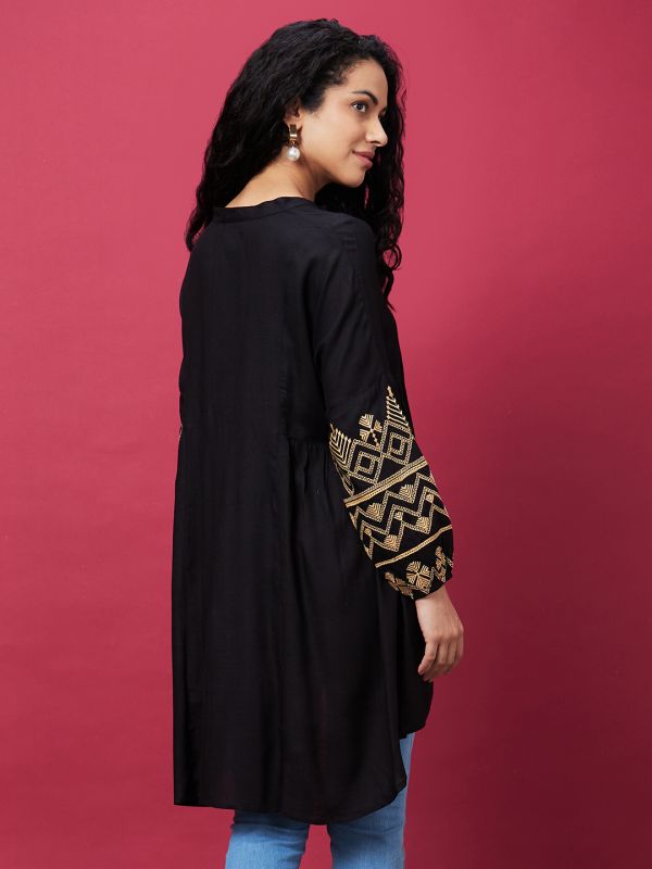 Globus Women Black Mandarin Collar Embroidered Bishop Sleeves Asymmetric Hem Panelled A-Line Kurta