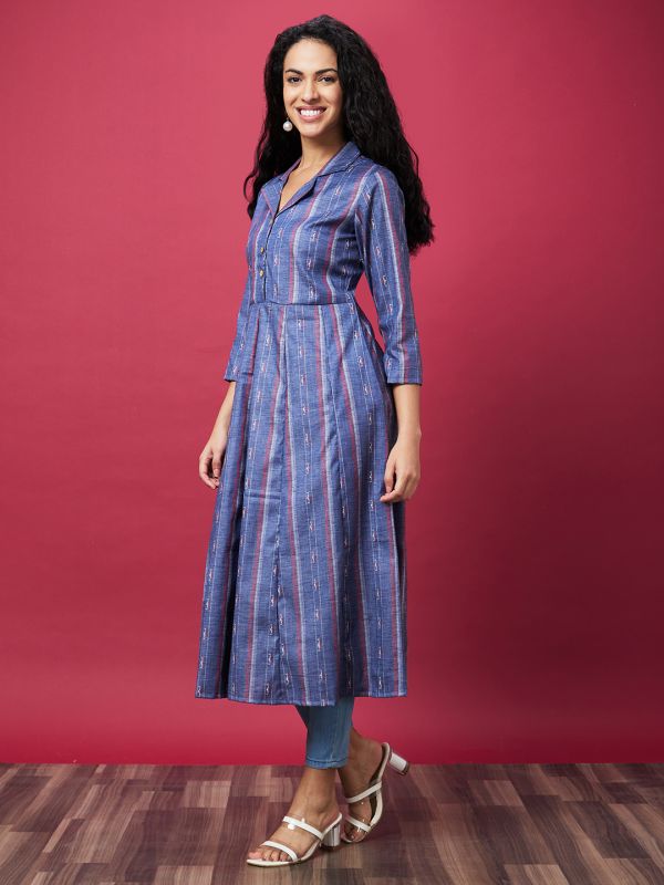 Globus Women Blue Striped Cuban Collar Flared Hem Panelled A-Line Kurta