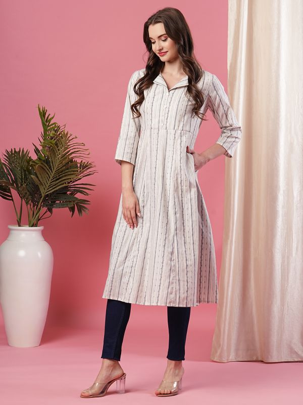 Globus Women Off-White Lapel Collar Yarn-Dyed Calf Length A-Line Kurta