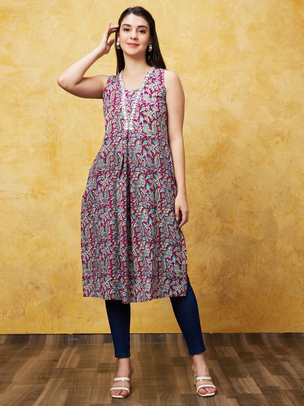 Globus Women Wine Allover Ethnic Motifs Flared Hem A-Line Calf Length Kurta