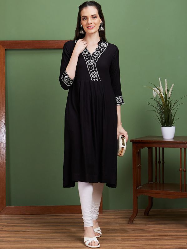 Globus Women Black Embroidered V-Neck Casual A-Line Kurta