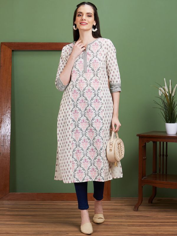 Globus Women Off White Ethnic Motifs Side Slits Panelled Straight Kurta