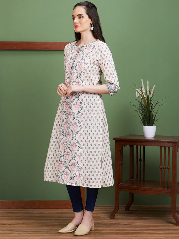 Globus Women Off White Ethnic Motifs Side Slits Panelled Straight Kurta