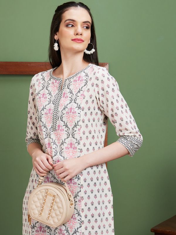 Globus Women Off White Ethnic Motifs Side Slits Panelled Straight Kurta