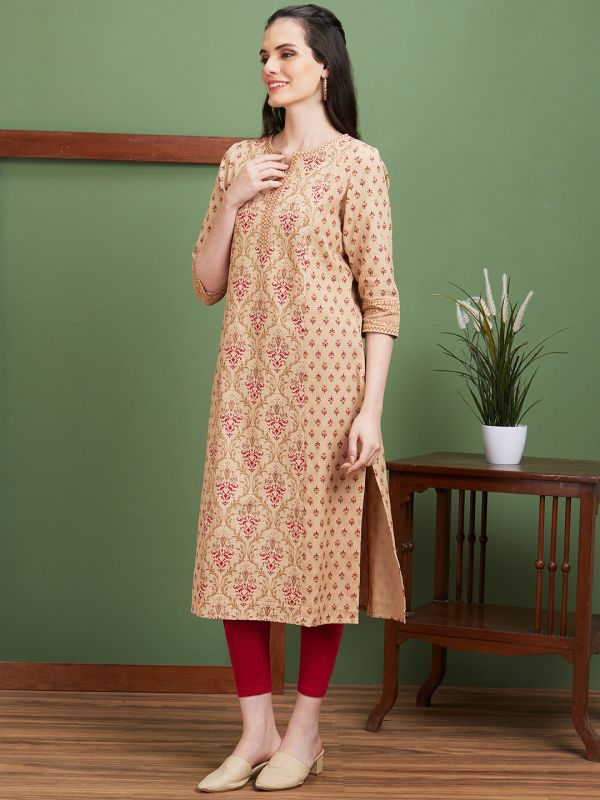 Globus Women Beige Ethnic Motifs Side Slits Panelled Straight Kurta