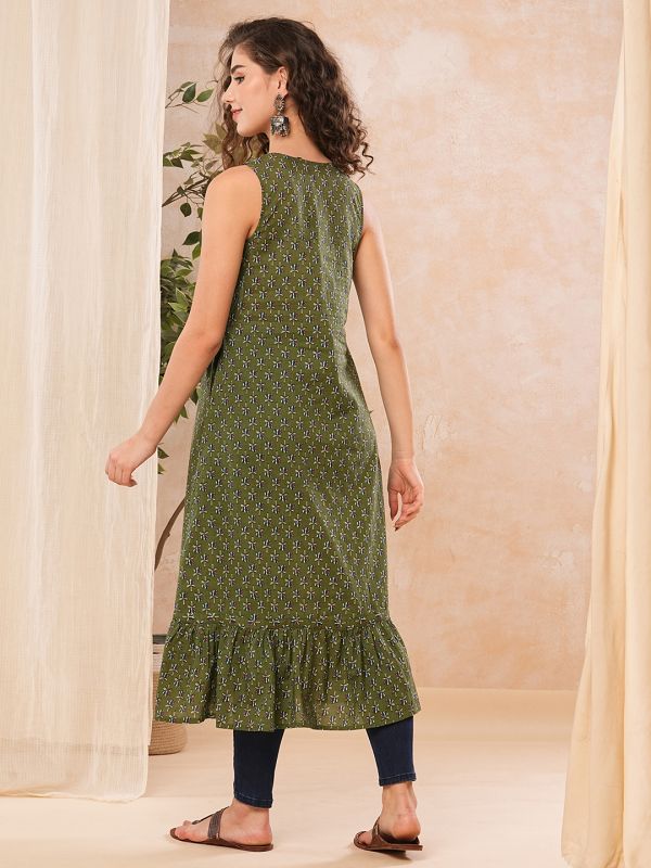 Globus Women Green Ethnic Motifs Flared Hem A-Line Kurta